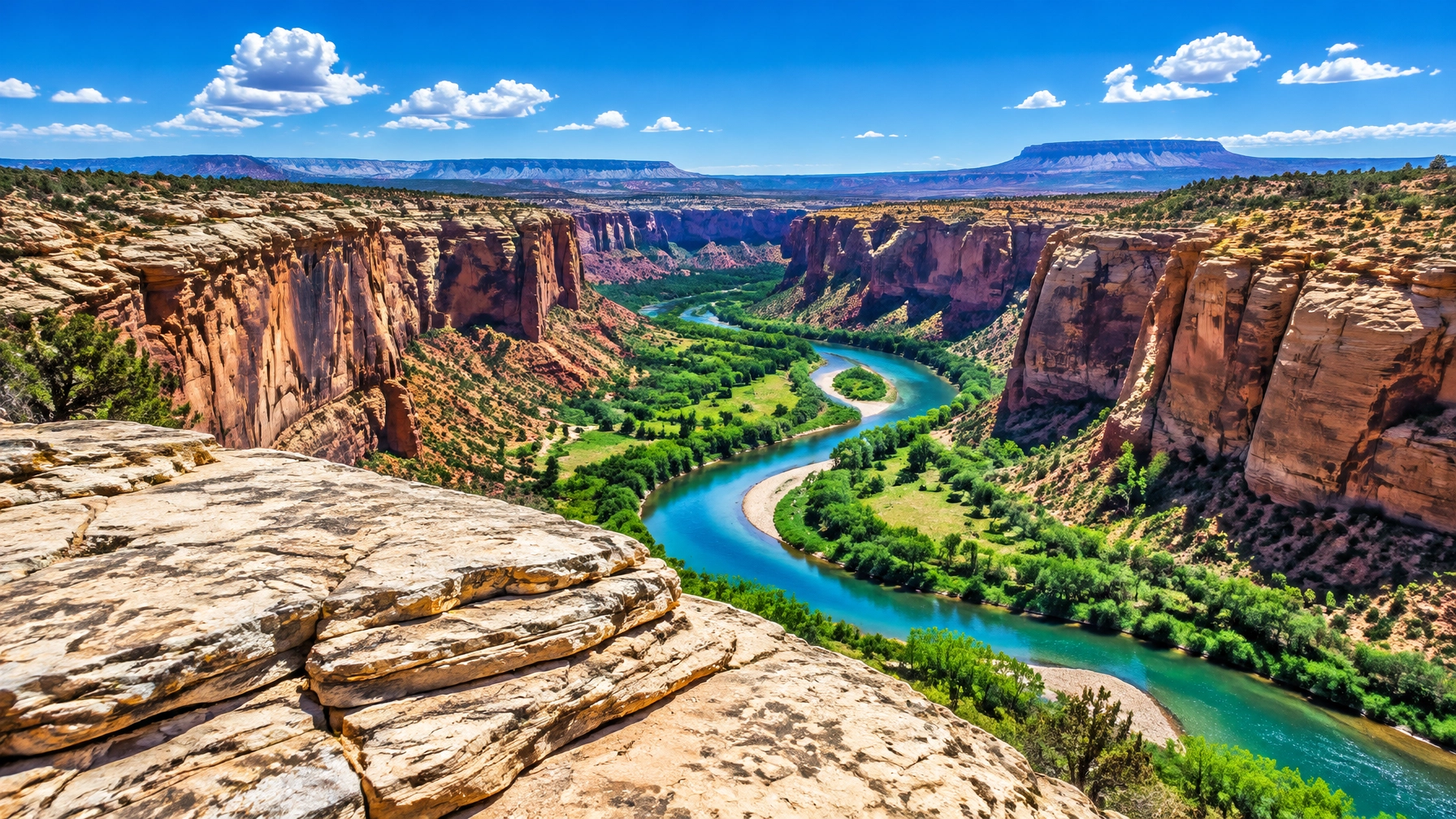 Sunlit canyon cliffs surrounding a winding blue river beneath a bright blue sky