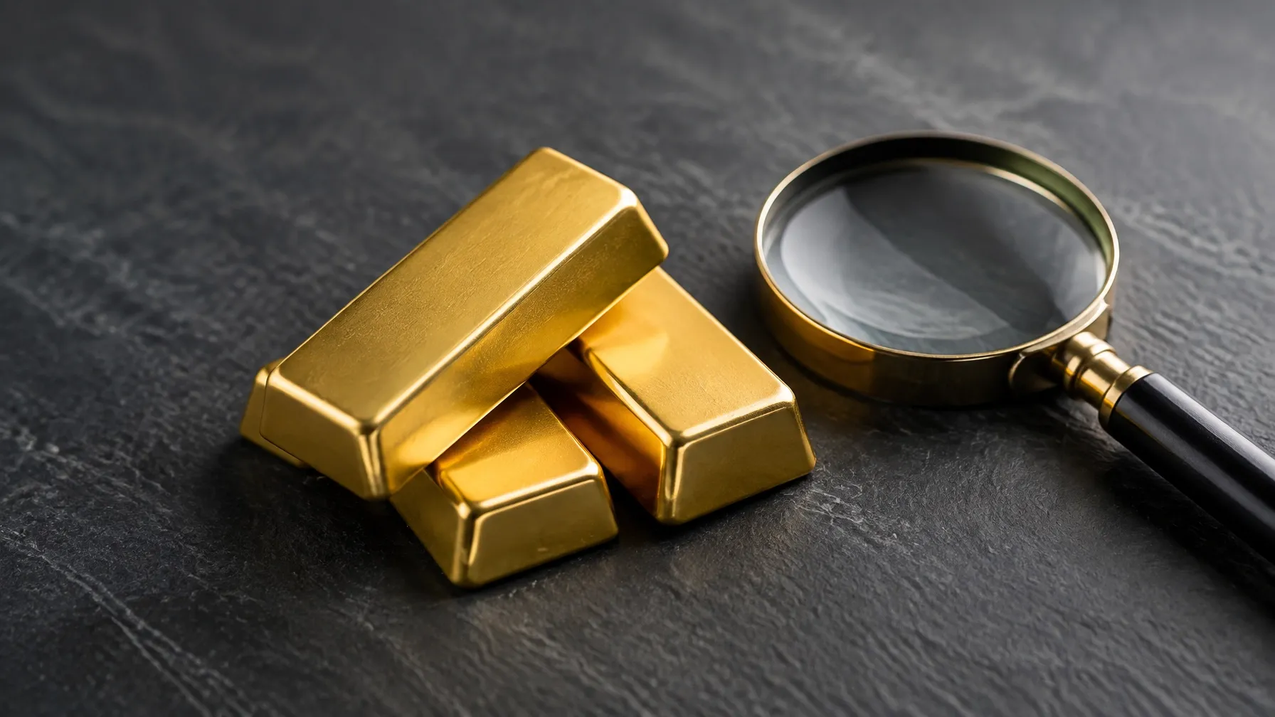 Gold bars and a magnifying glass on a dark surface